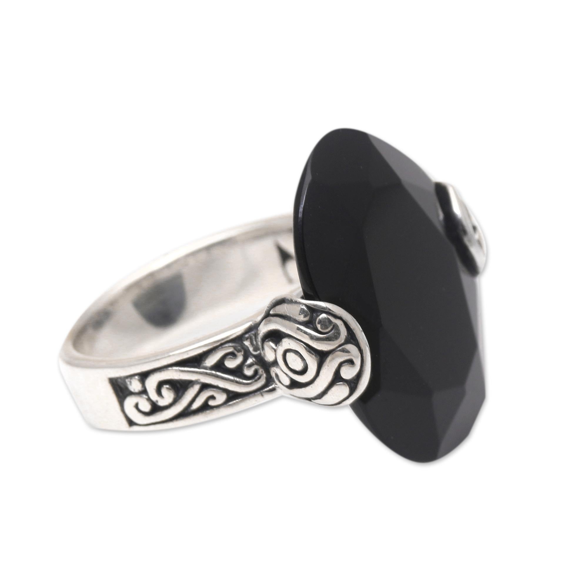 Oval Onyx and Sterling Silver Cocktail Ring from Bali - Mysterious Oval