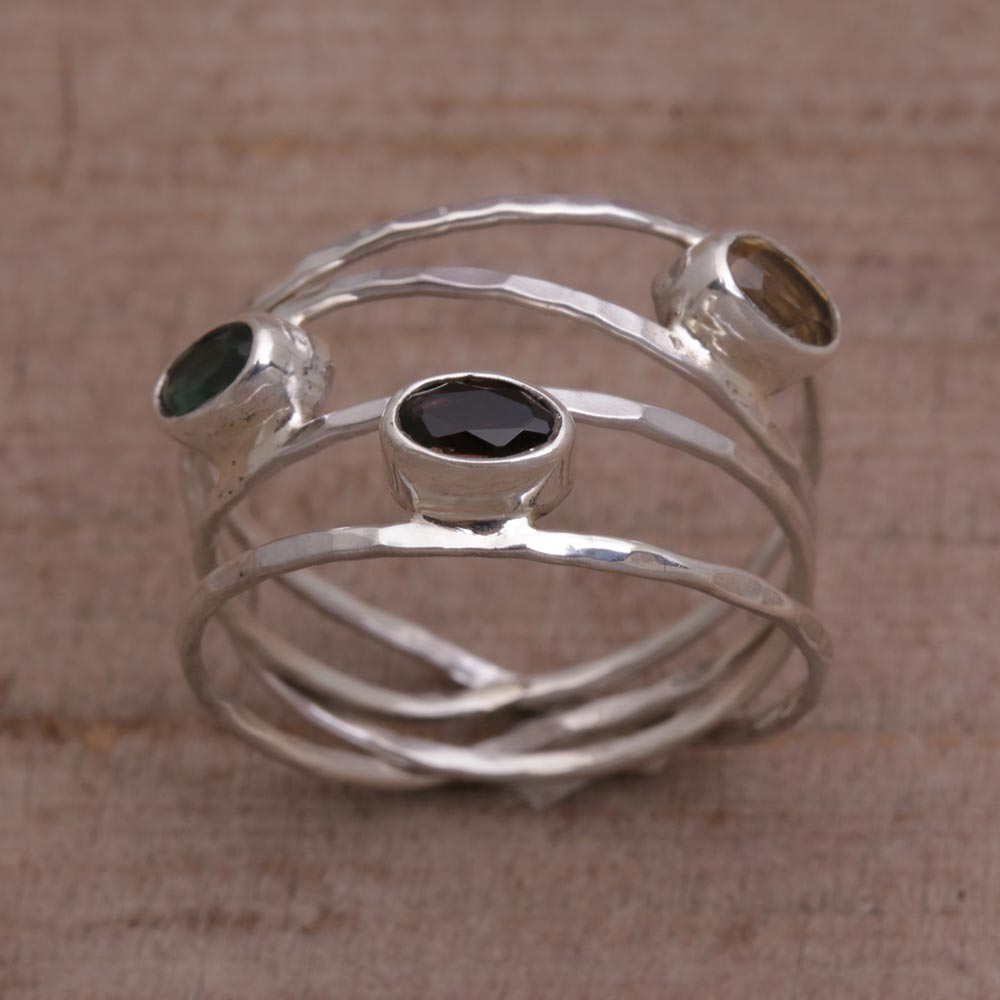 Green and Smoky Quartz and Citrine Ring from Bali - Bold Majesty