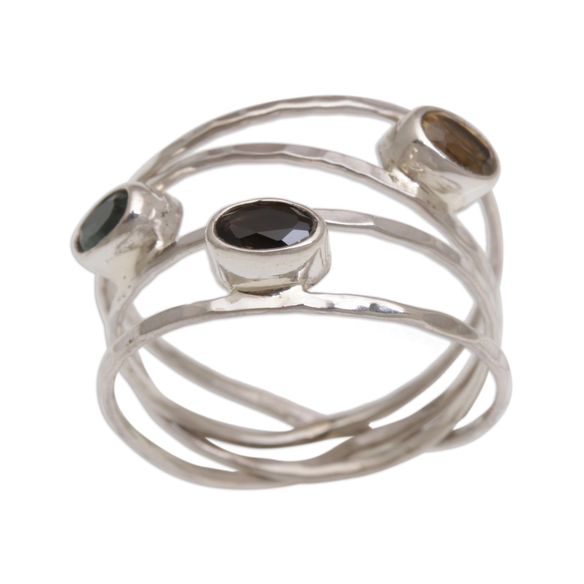 Green and Smoky Quartz and Citrine Ring from Bali - Bold Majesty