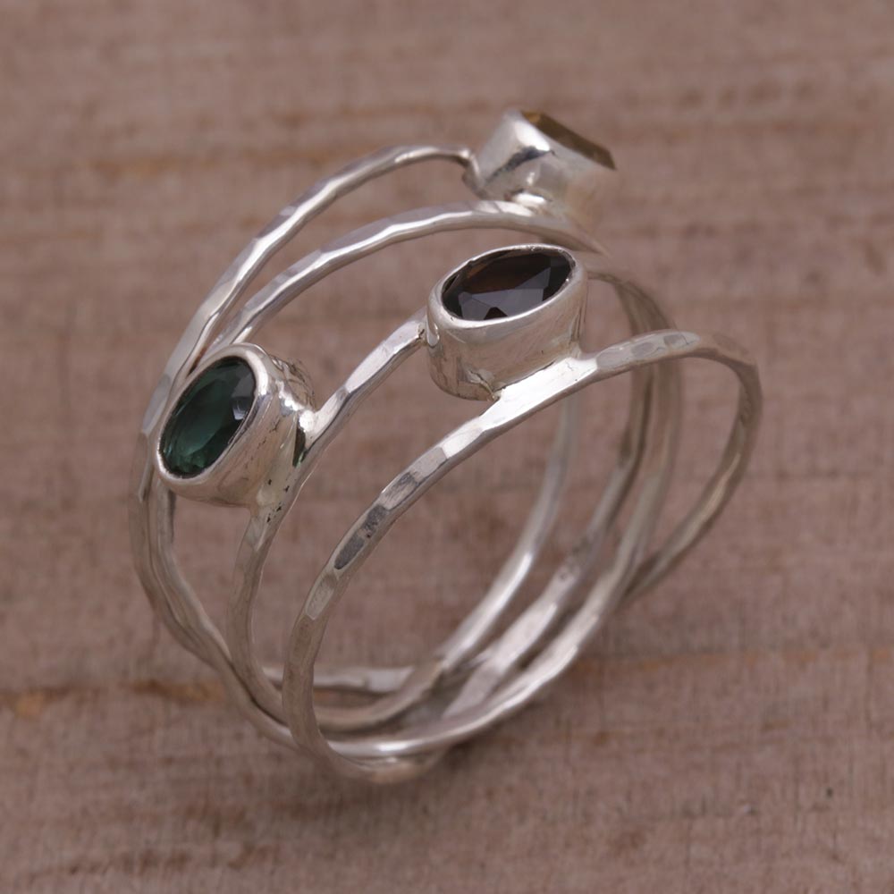 Green and Smoky Quartz and Citrine Ring from Bali - Bold Majesty