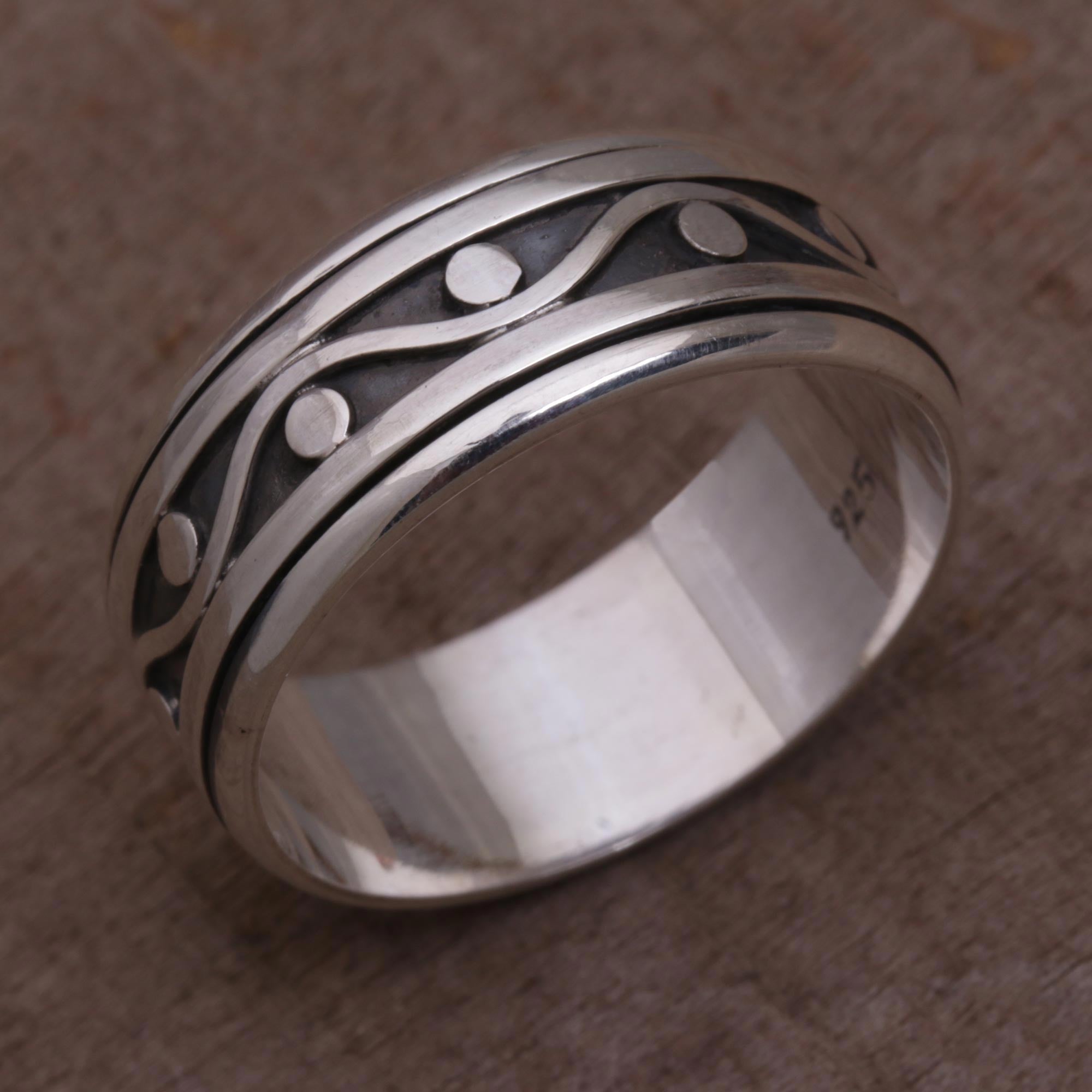 925 Sterling Silver Unisex Spinner Meditation Ring from Bali - Stream of Life