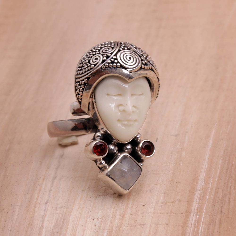Rainbow Moonstone and Garnet Face Shaped Ring from Bali - Honored Knight