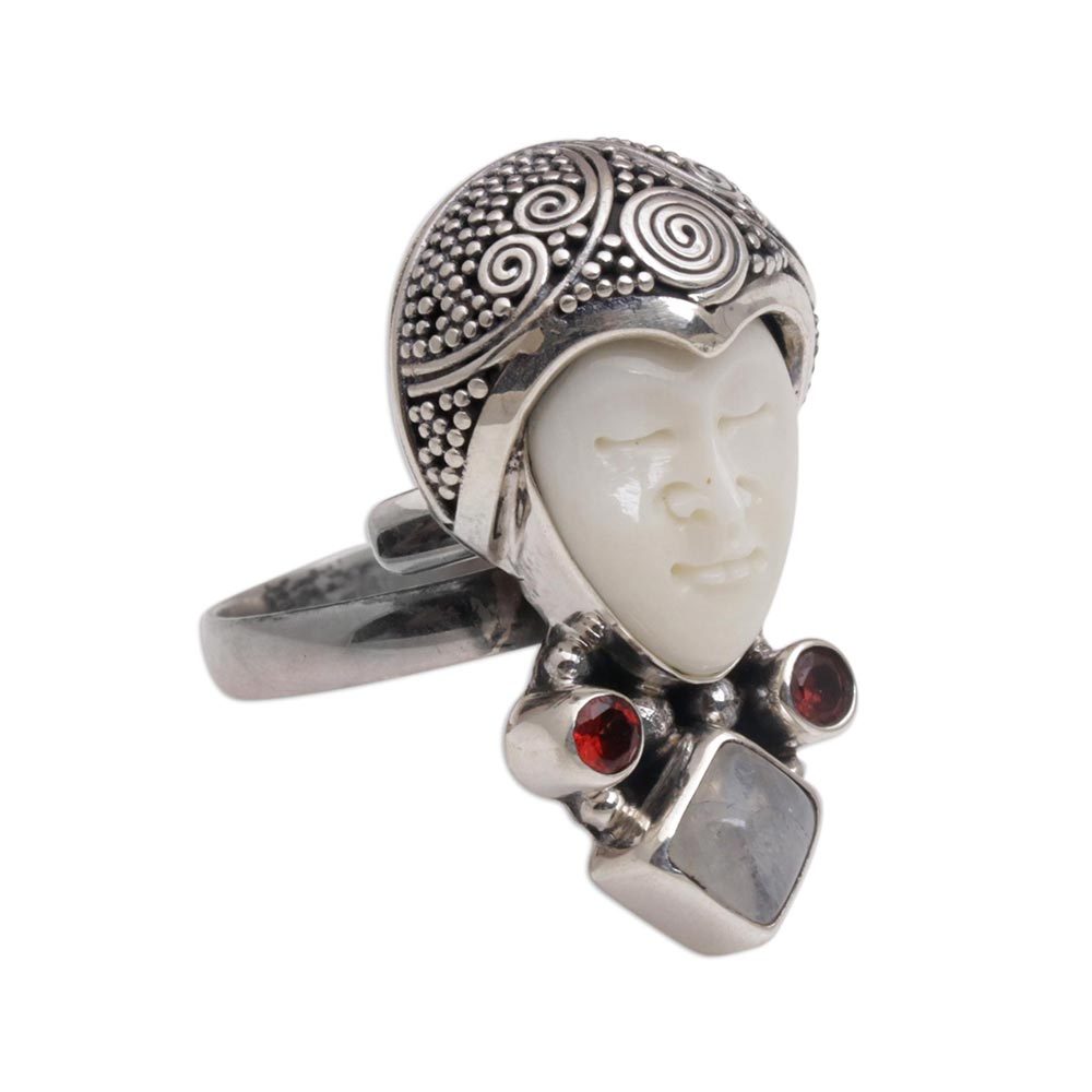 Rainbow Moonstone and Garnet Face Shaped Ring from Bali - Honored Knight