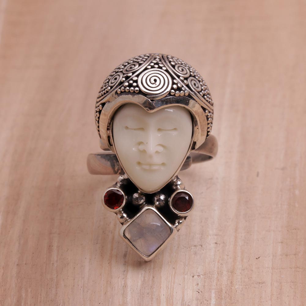 Rainbow Moonstone and Garnet Face Shaped Ring from Bali - Honored Knight