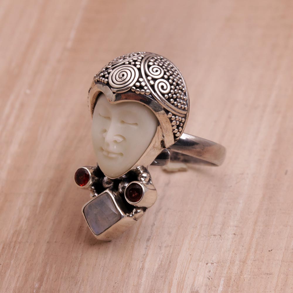 Rainbow Moonstone and Garnet Face Shaped Ring from Bali - Honored Knight