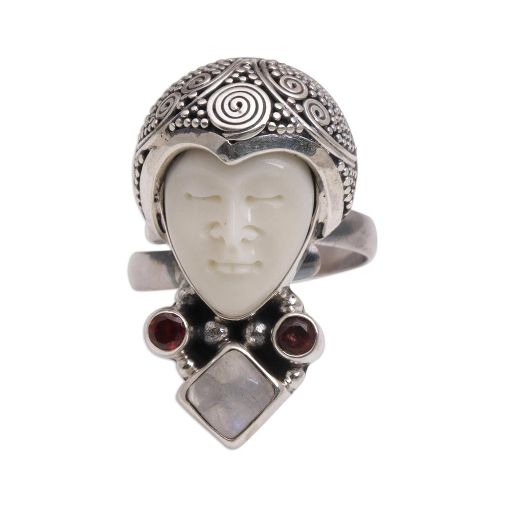 Rainbow Moonstone and Garnet Face Shaped Ring from Bali - Honored Knight