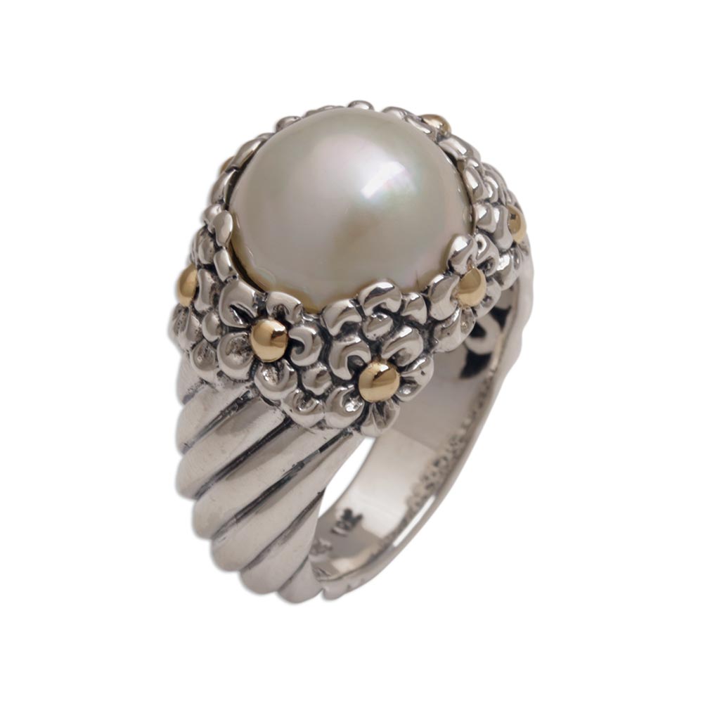 Handmade Cultured Pearl Cocktail Ring with Floral Motifs - Daisy Glow
